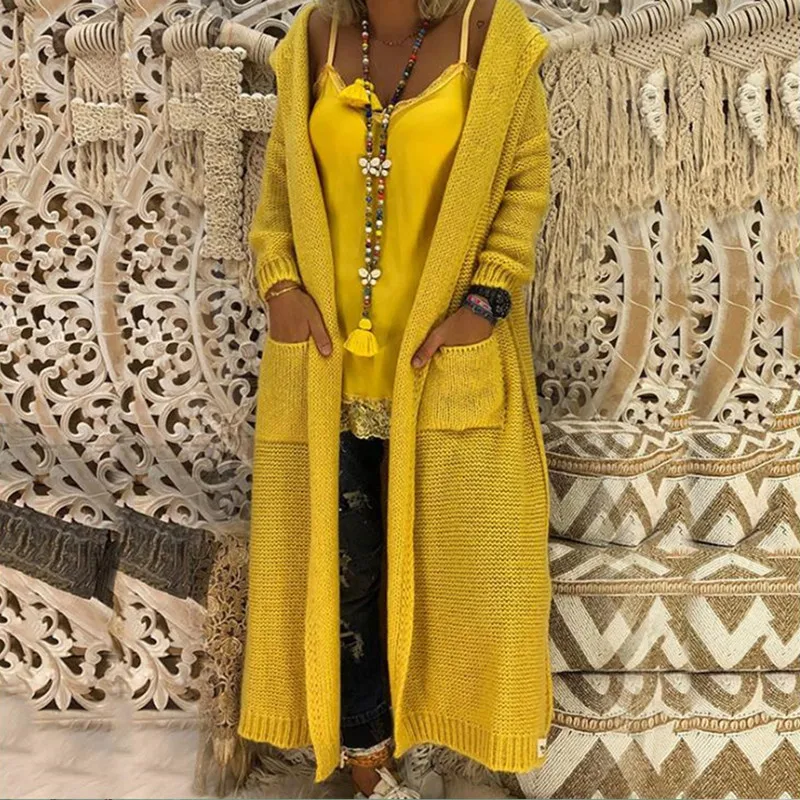 

2021 Long Cardigan Women Sweater Coat Womens Pockets Sweater Thick Knitted Female Sweater Winter Women Knitted Hooded