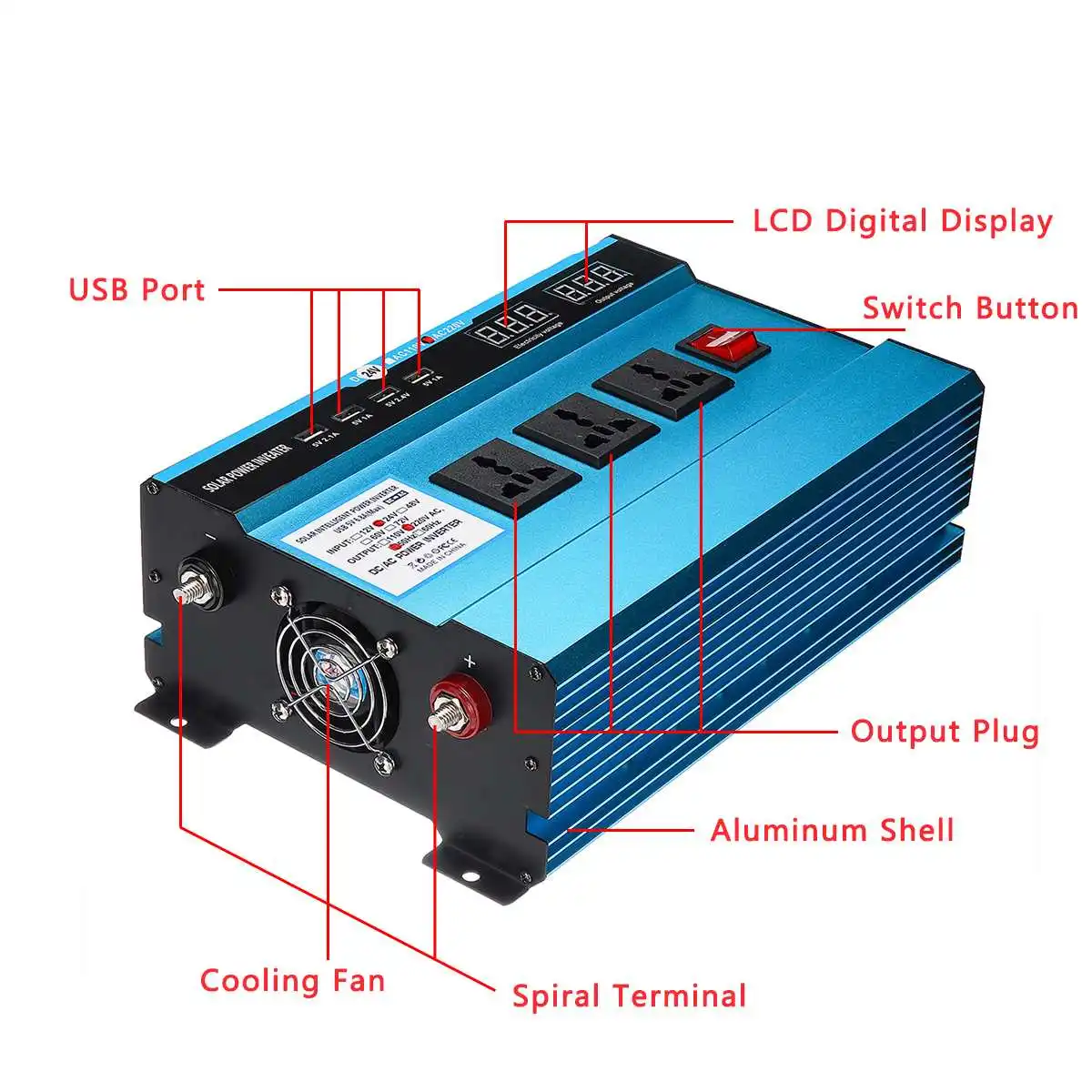 Двойной цифровой дисплей 10000 Вт автомобильный инвертор DC 12V/24V/48V к AC 220V солнечный