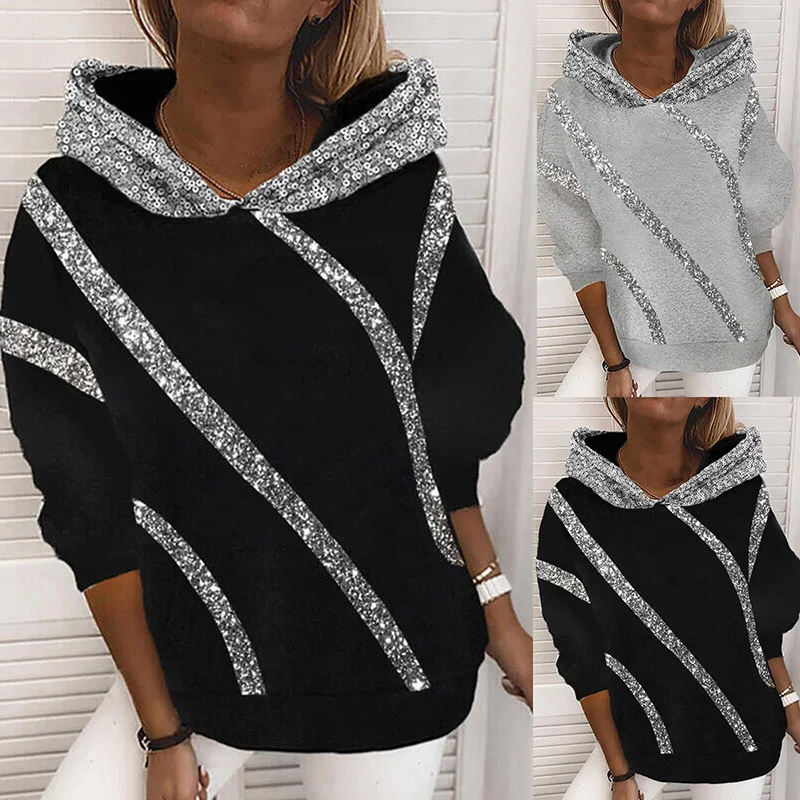 

Hot Hoodies Sweater Sequins Design Fall Casual Loose Outwear Hooded Tops for Women Daily Gray/Black TY66