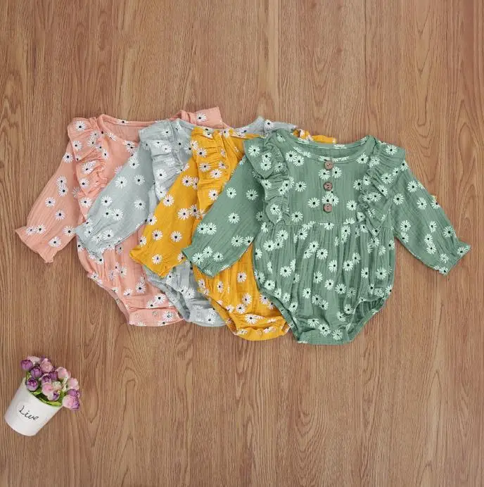 

Осенне-весенний комбинезон с ромашками для маленьких девочек; Комбинезон с круглым вырезом и длинными рукавами; Комбинезоны