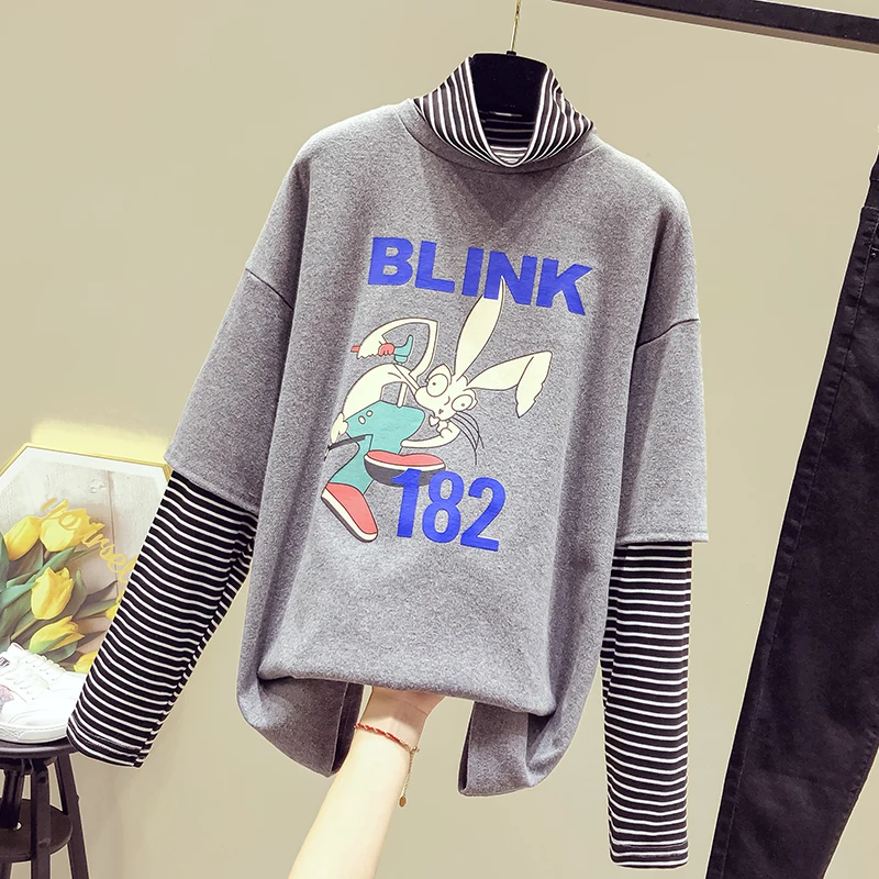 

2020 summer and autumn new cotton piece pure cotton T-shirt women fashion striped loose long-sleeved printed top