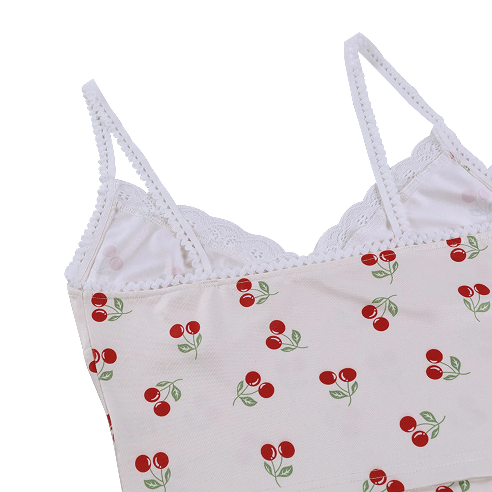 

2021 Women Sexy Camis Lace Hem Camisole Cherries Printing Sleeveless Backless V Neck Crop Cami Girls Summer Straps Vest Tops