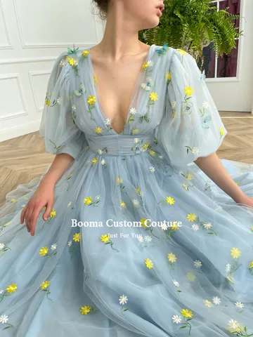 Booma Deep V-Neck Blue Tulle Midi Prom Dresses Half Puff Sleeves Embroidered Lace Prom Gowns Tea-Length Wedding Party Dresses