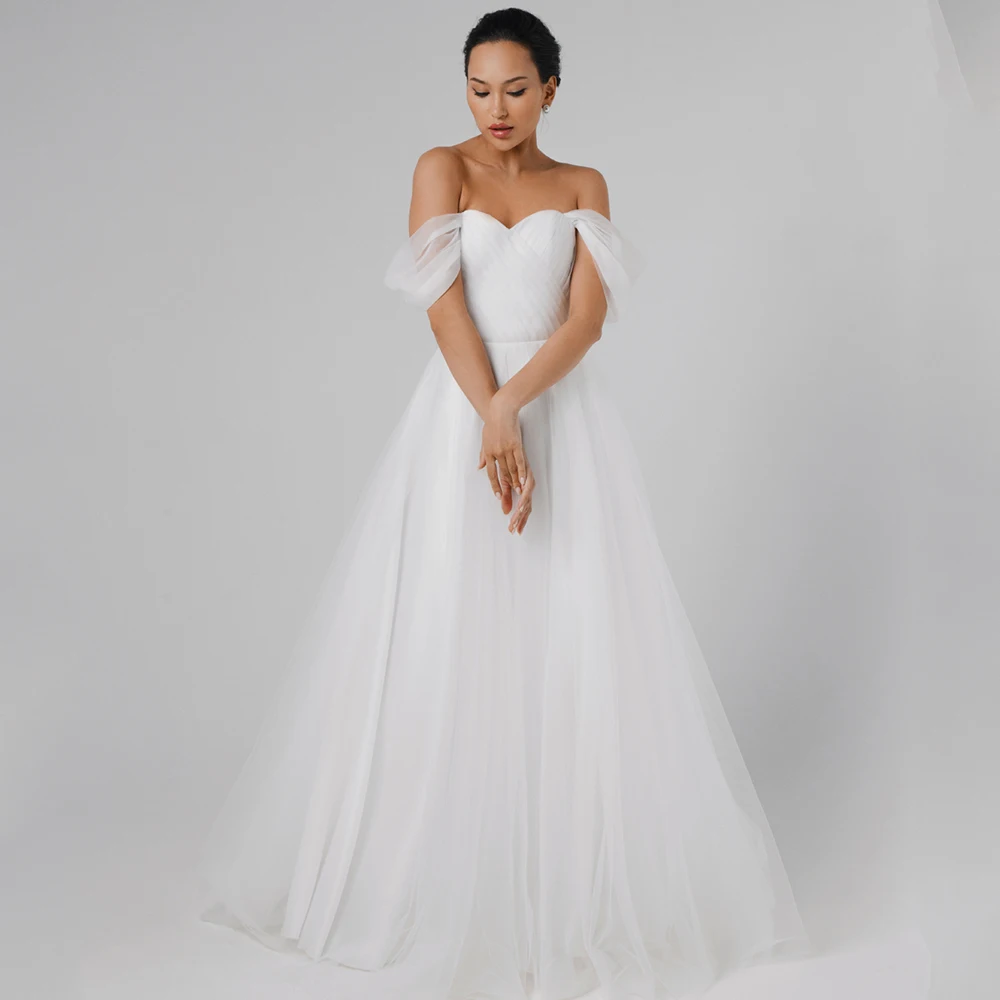 

Simple Tulle Wedding Dresses 2021 Women Sweetheart Off-The-Shoulder Wedding Gown A-Line Custom White Bridal Dress robe de mariée