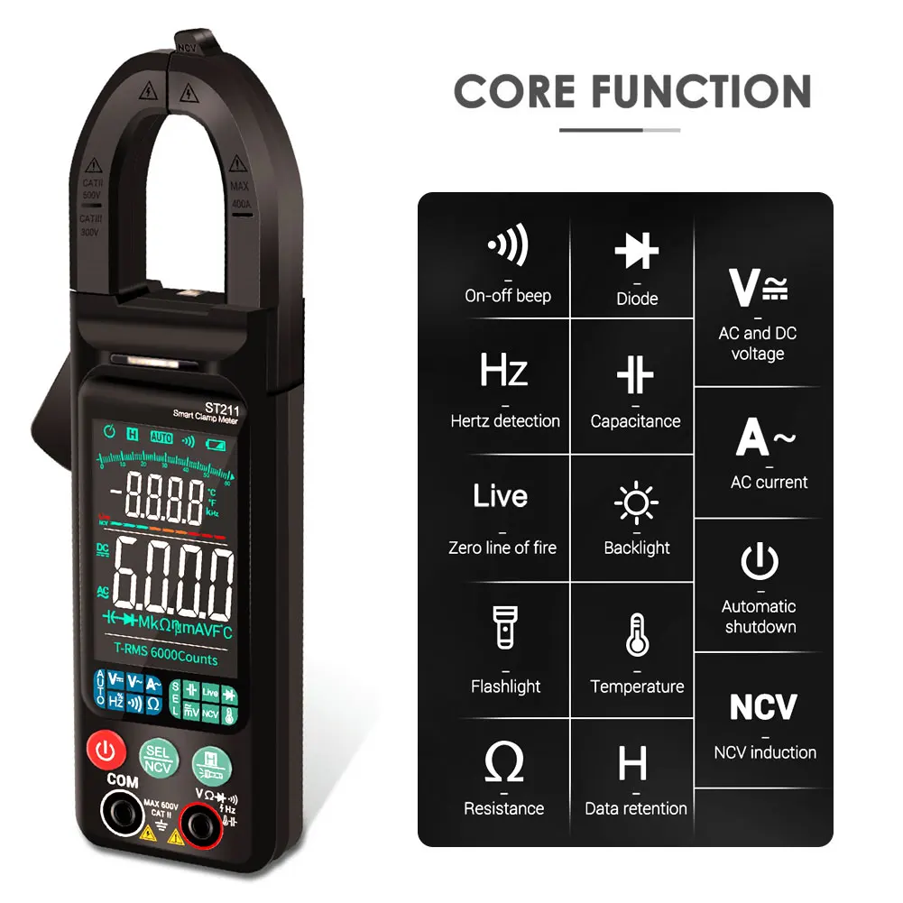 

ANENG ST211 Digital Clamp Meter Large Screen 6000 Counts Multimeter Automatically Select DC/AC Voltage Current Tester Tool