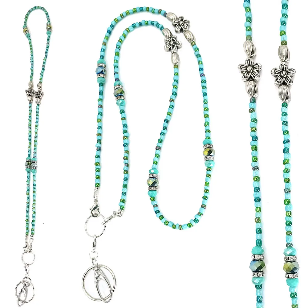 

2pcs lot Women's Fashion Blue Glass Beads Lanyard Necklace ID Badge Holder Lanyard Necklace Lanyards with Keychain Holder