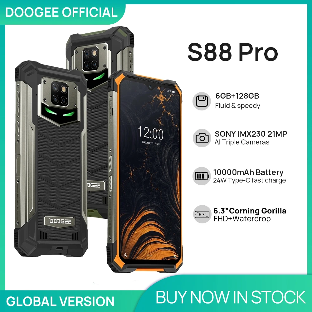 DOOGEE S88 Pro Rugged Mobile Phone 10000mAh Telephones IP68/IP69K Helio P70 Octa Core 6GB RAM 128GB ROM smartphone Android 10 OS