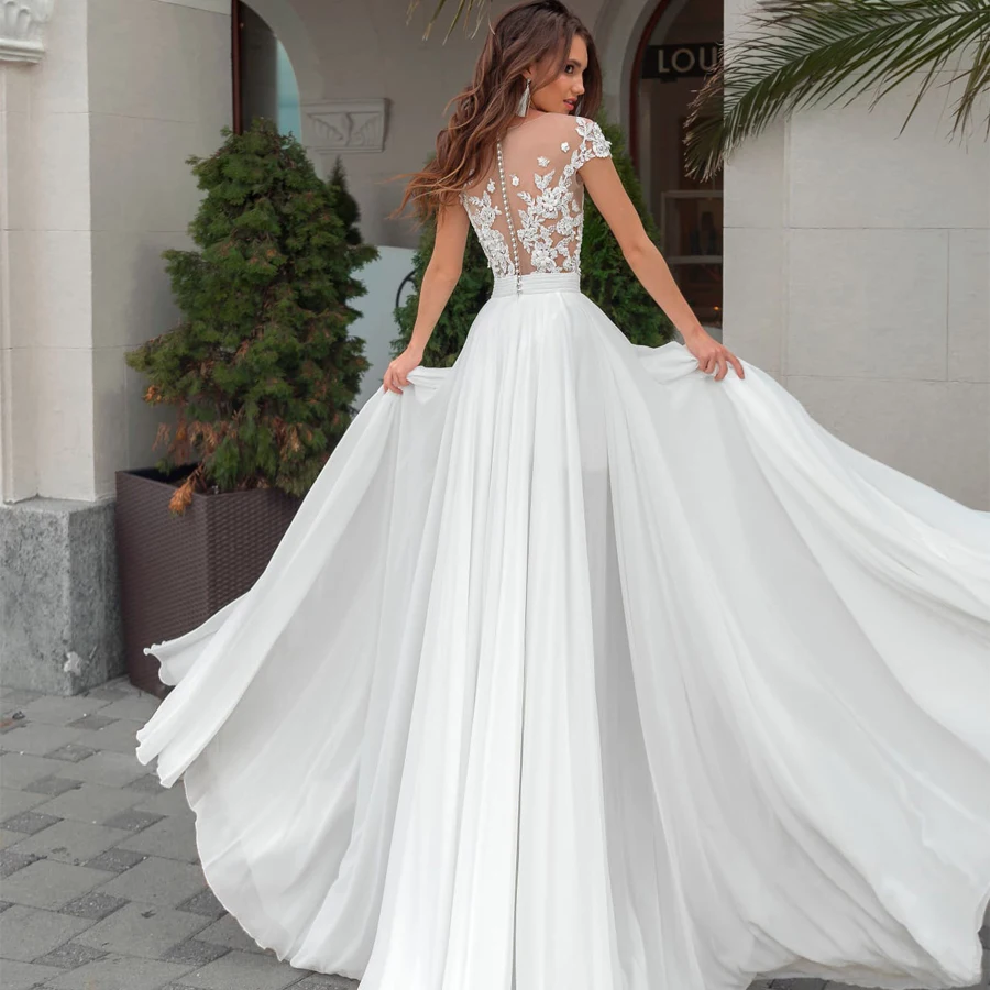 New Sexy Illusion Wedding Dresses Cap Sleeve Beaded Applique A-line Chiffon  Vestidos De Novia  