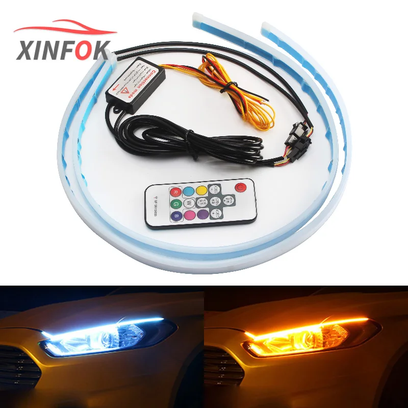 

2PCS Car LED DRL Daytime Running Lights DC 12V 30 45 60cm RGB Colorful Soft Strip Yellow signal Waterproof Turn