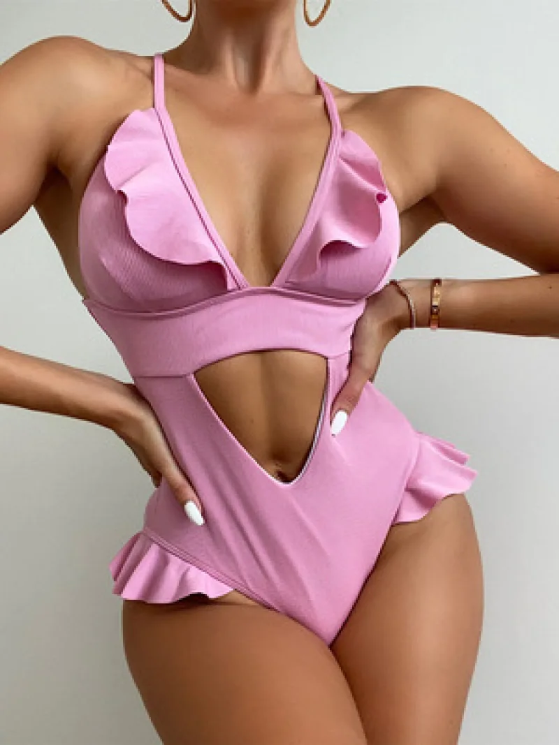 

Pink Sexy Hollow Out Swimwear Women One-Piece Ruffle Women's Swimming Suit High Waist Backless Solid Beachwear Biquini