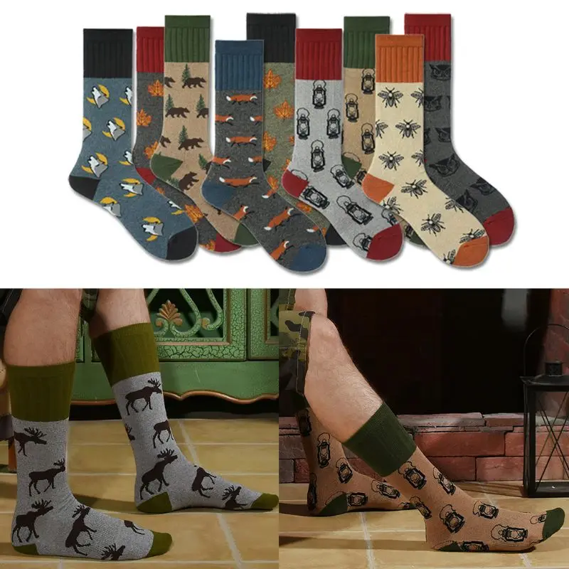 

Mens Autumn Funny Interesting Animal Cotton Socks Contrast Color Harajuku Fox Elk Maple Leaf Printed Sports Over Calf Long