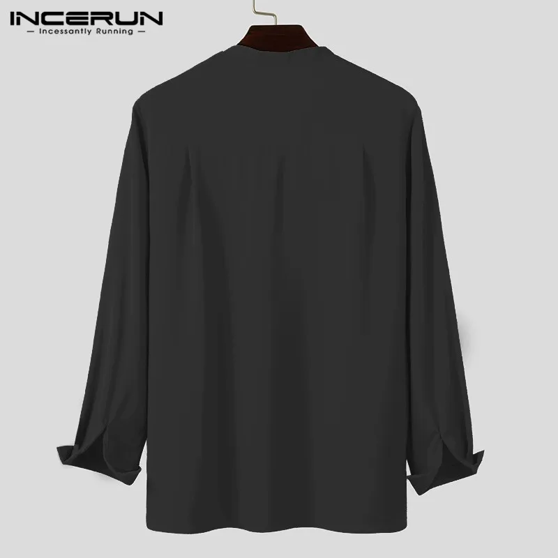 INCERUN Fashion Men Brand Shirt Solid Long Sleeve V Neck Chic Button Casual Blouse 2022 Streetwear Korean Style Shirts Camisas