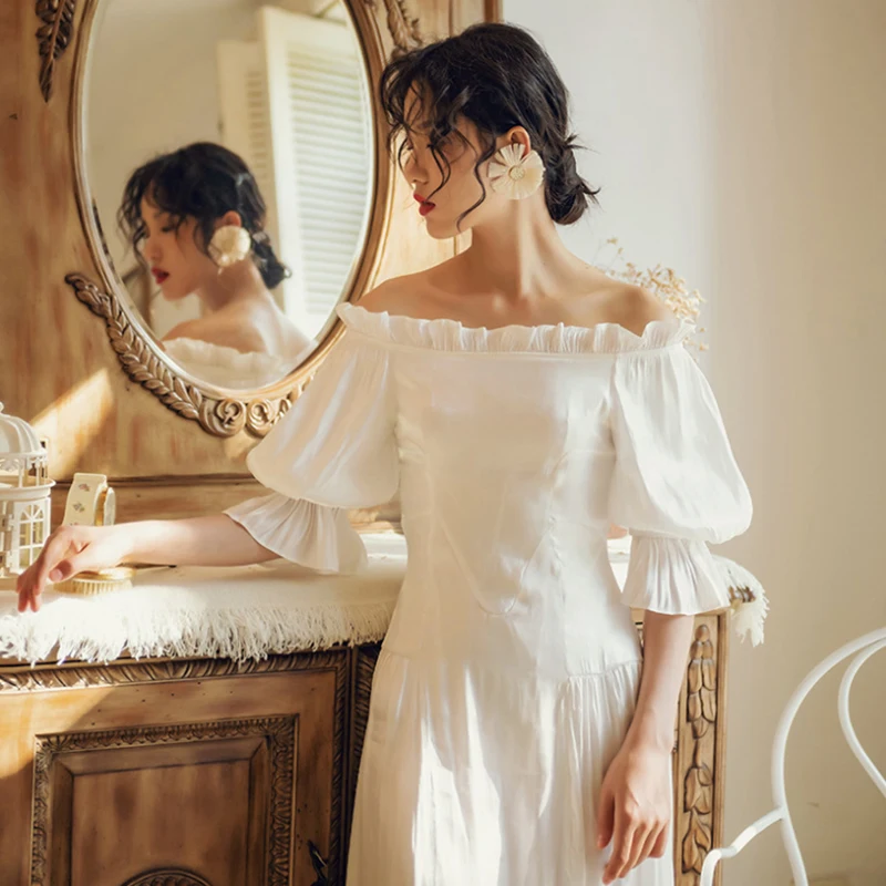 

Sexy off shoulder long maxi dress Elegant vintage dot white party dress Spring summer holiday style dresses vestido 2020