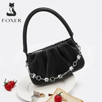 foxer new luxury ladies underarm shoulder bag pleated mini handbag split leather woman chain bag retro soft zipper square bag