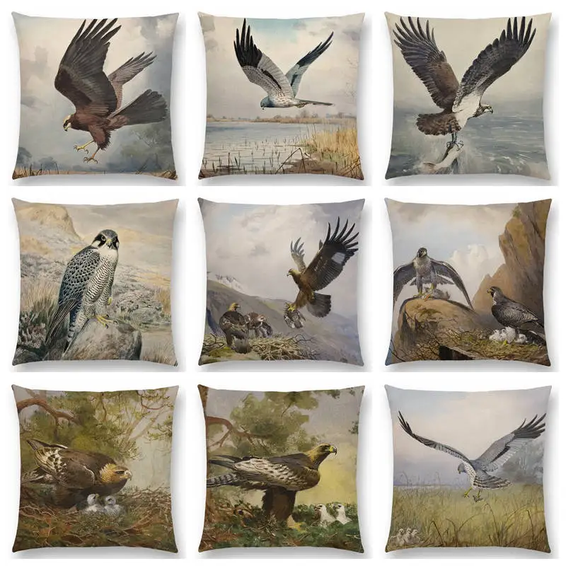 

Bird Raptors Eagle Falcon Carve Wing Fly Sky Hunt Feed River Grassland Oil Painting Colorful Cushion Cover Pillow Case