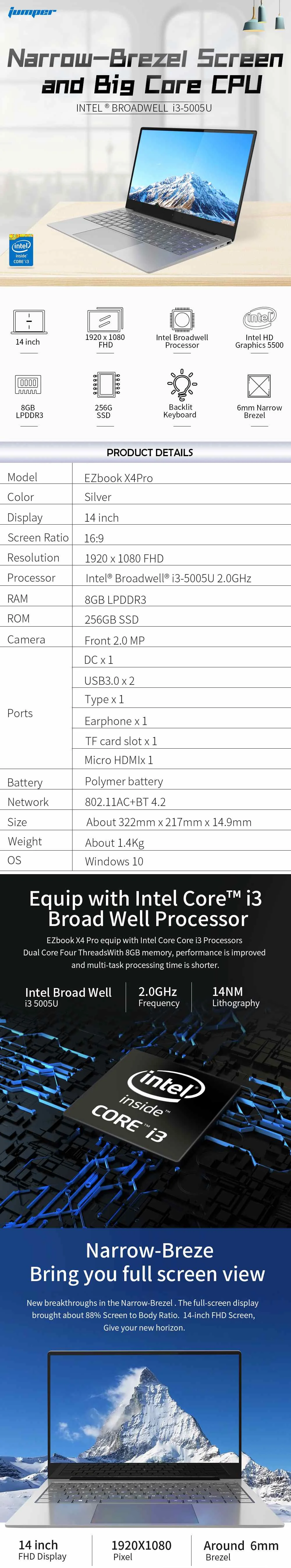 Ноутбук Jumper EZbook X4 Pro, 14 дюймов, Intel Core i3-5005U, четырехъядерный процессор DDR3, 8 ГБ, 256 ГБ, SSD, Мп, камера Win 10, ультратонкий ноутбук