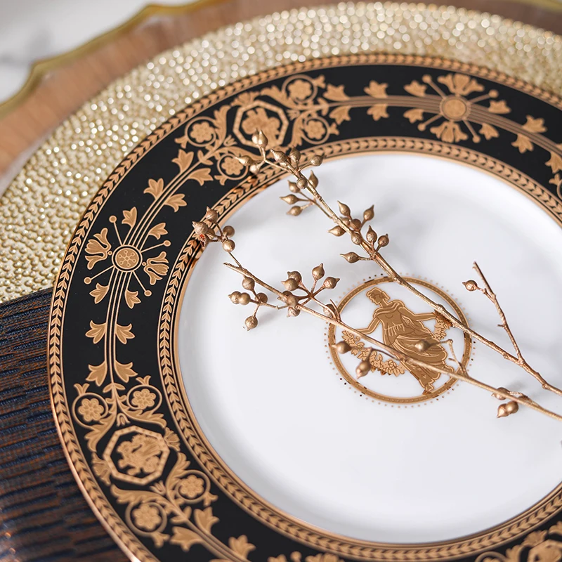 

Classic Black Gold With Pattern Porcelain Tableware Snacks Desserts Salad Fruit Glass Plate Serving Tray Dish Dinnerware Set