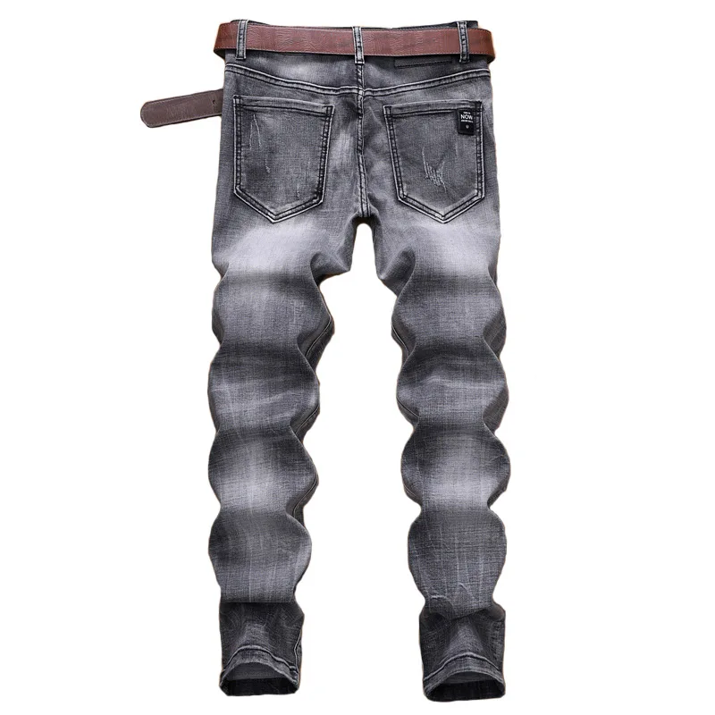

KIOVNO Men Ripped Stretch Denim Trousers Patchwork Slim Jeans Pants Streetwear For Male Solid Color