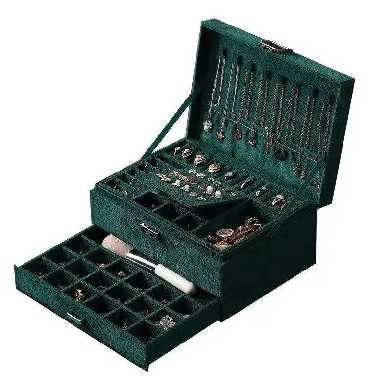 Новый зеленый трехслойный фланелевый органайзер для ювелирных изделий коробка для хранения ожерелий, сережек, колец для женщин с большой вместимостью и замком.