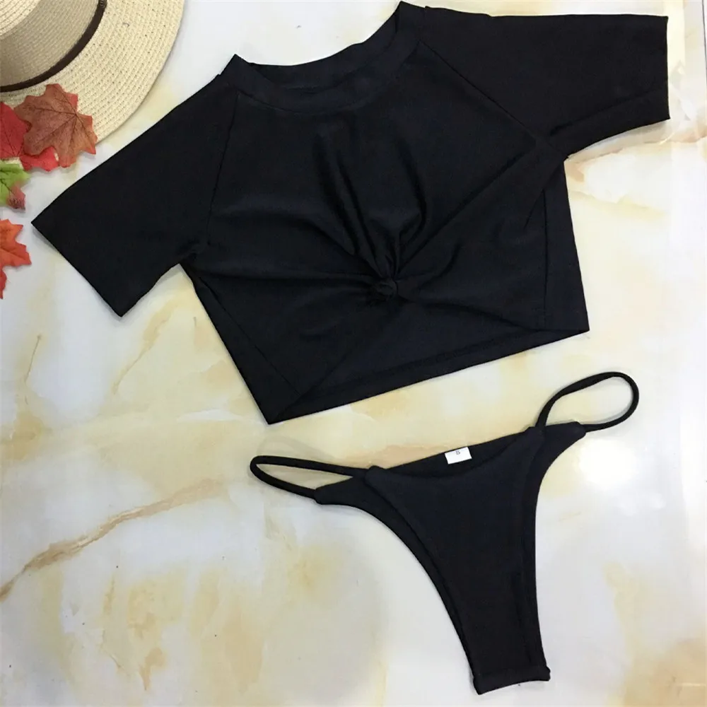 Соблазнительное бикини 2019 однотонное с коротким рукавом обтягивающие стринги