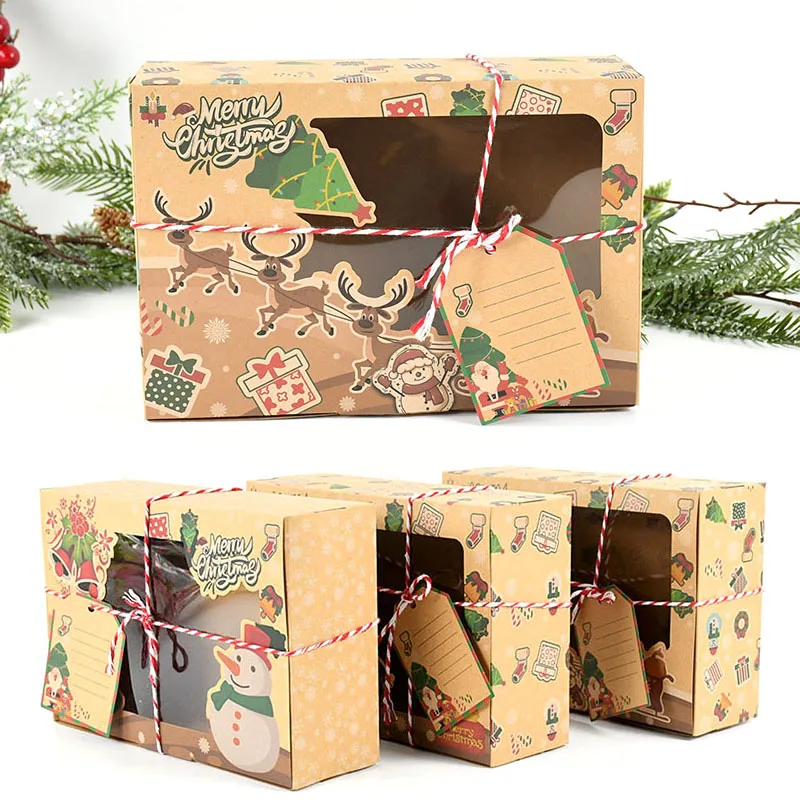 

3Pcs Kraft Paper Candy Boxes With Tags Snowman Santa Christmas Gifts Box Bags For Xmas New Year Party Gift Packing Decor Navidad