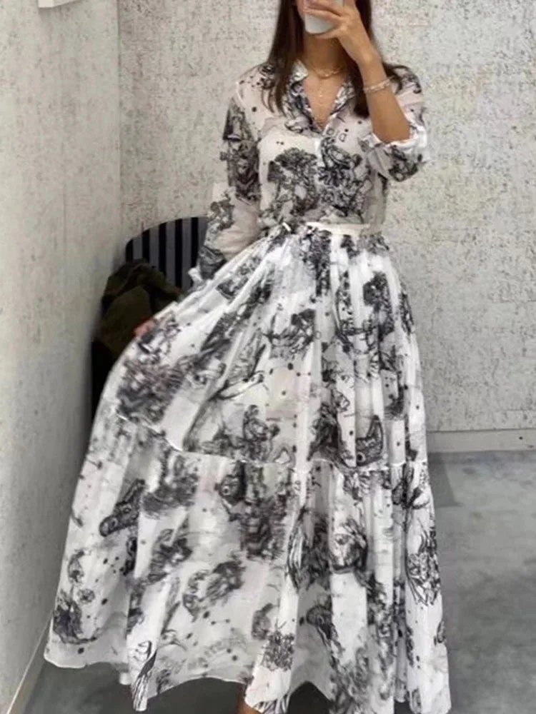 

Big-name women's summer cotton 3D printing loose fashion top shirt+pleated skirt suit2021New female high waist two-piece suit XL
