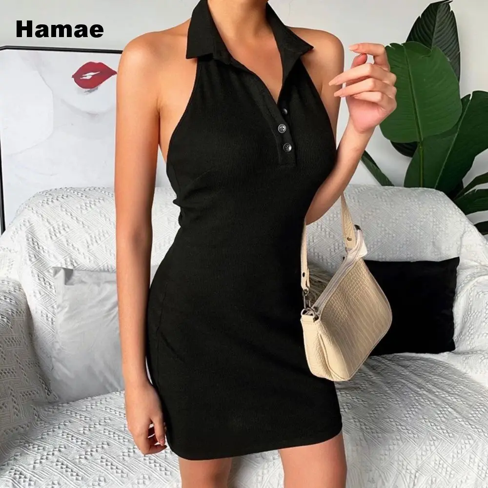 

Sexy Bodycon Polo Sleeveless Dress Women Halter Skinny Backless Dress Knit Club Party Tank Spaghetti Straps Beach Streetwear