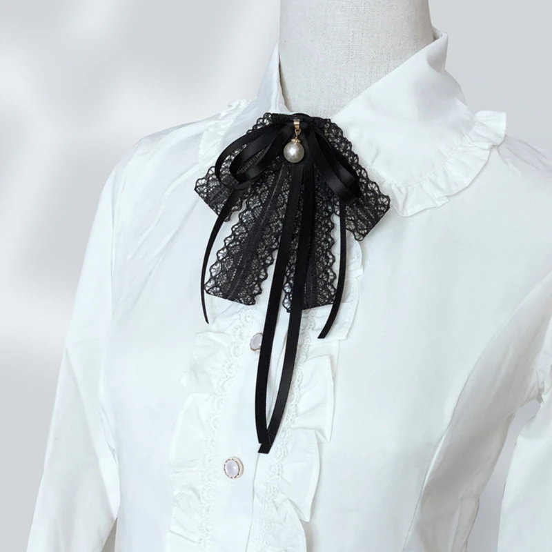 

Women Girls Black Lace Ribbon Bow Tie Imitation Pearl Pendant Brooch Pin Necklace Student Uniform Shirt Blouse Pre-Tied Collar