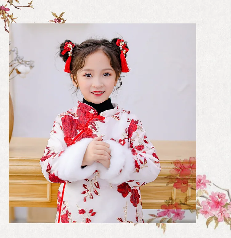 Детское пальто Cheongsam в китайском стиле с пионами; костюм Tang; детское осенне-зимнее платье с длинными рукавами; плотные платья для девочек; одежда на год