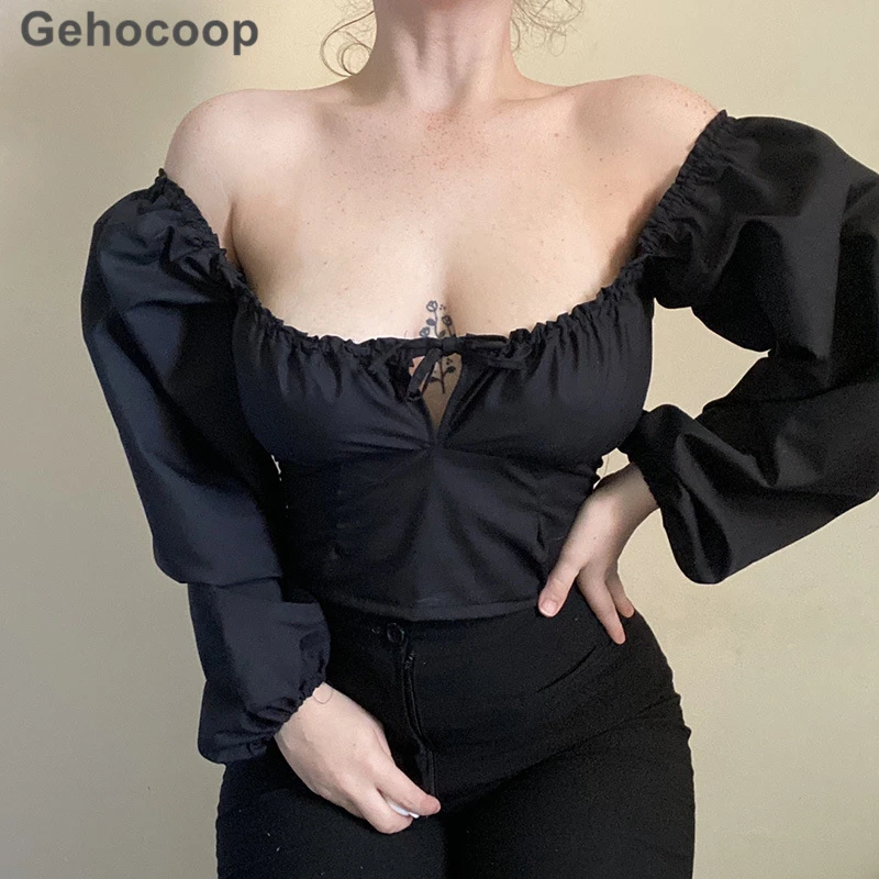 

Gehocoop Women's Tops Square Collar Casual Off-shoulder Sexy Short Shirt Sexy Navel Long Sleeve Female Leisure for Women Fashion