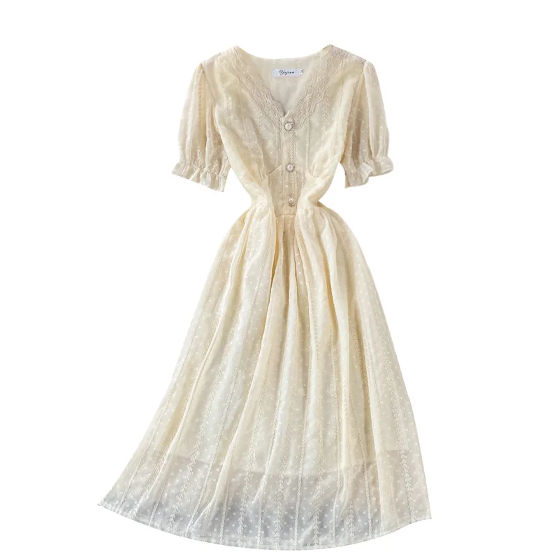 

French first love V-neck bubble sleeve dress with waist close and thin temperament
