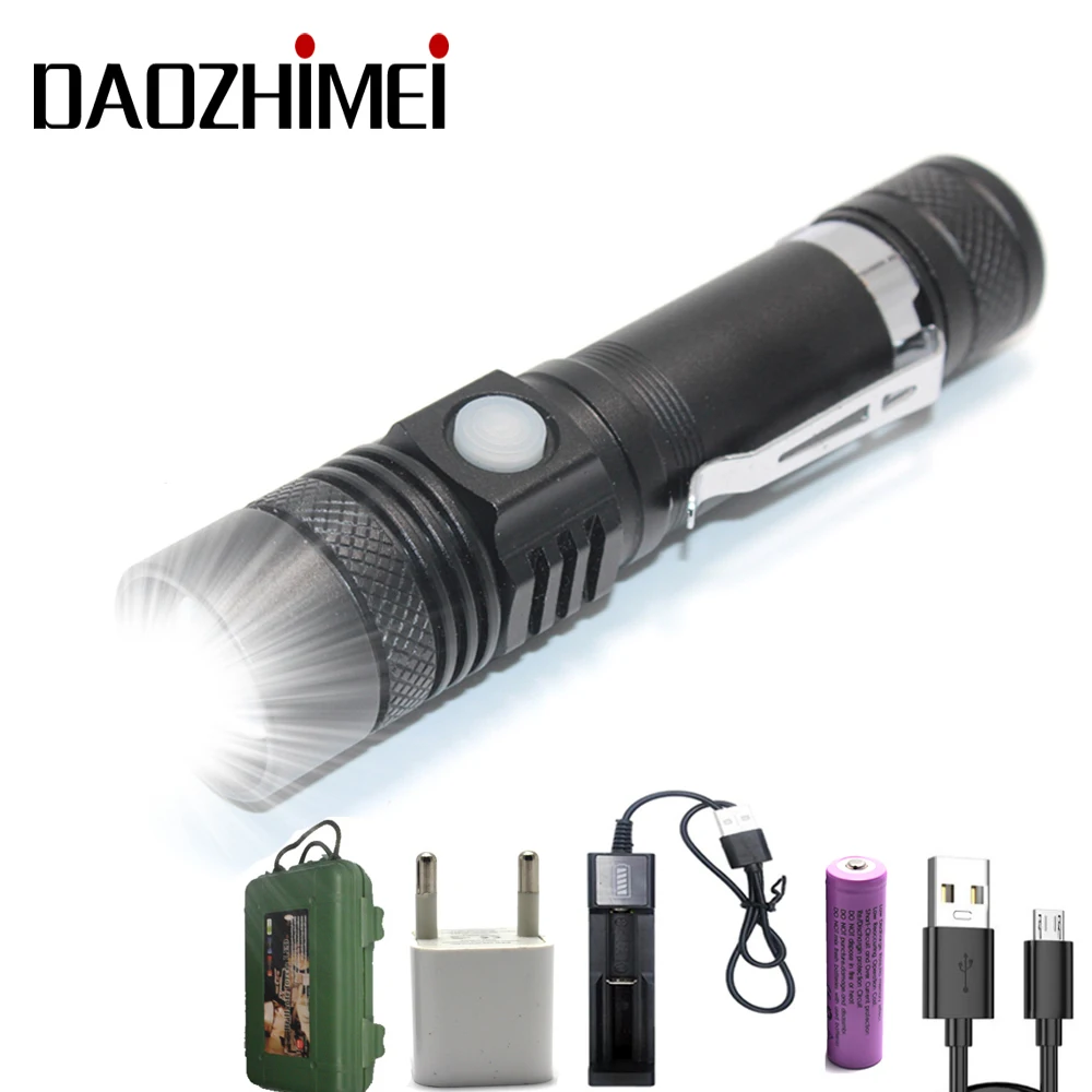 

5000Lumens Rechargeable USB Flashlight XM-T6 Zoomable 3 Modes LED Torch 18650 Flashlights For Camping +Battery + USB