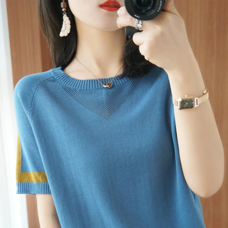 

11 Colors Women Summer Cotton Thin Knitted Pullovers Korean Style O-neck Loose Shirt Short Sleeve Patchwork Sweater Tops