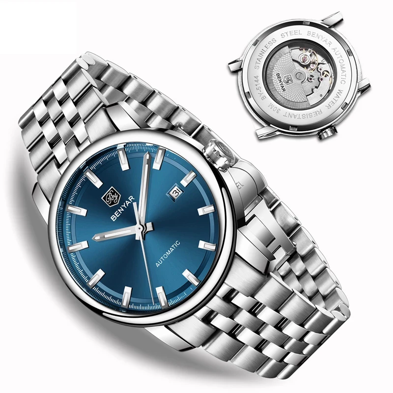 

Часы мужские механические водонепроницаемые из нержавеющей стали с автоматической подсветкой и датой