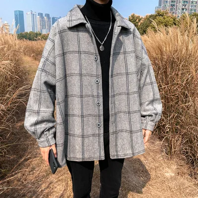 

and wool autumn spring plaid overcoat men's Korean version of the trend ins Hong Kong style retro couples loose jackets
