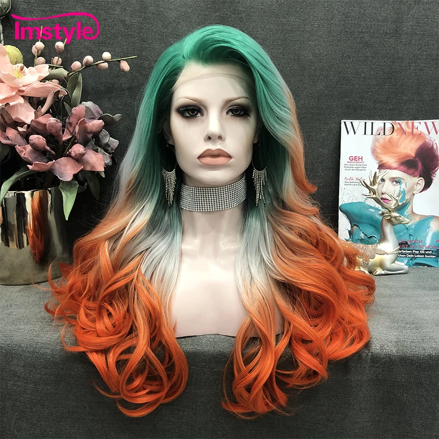 Imstyle Ombre Orange Flame Wig Synthetic Lace Front Wig Heat Resistant Fiber Green Grey Multicolor Wigs For Women Cosplay Wig