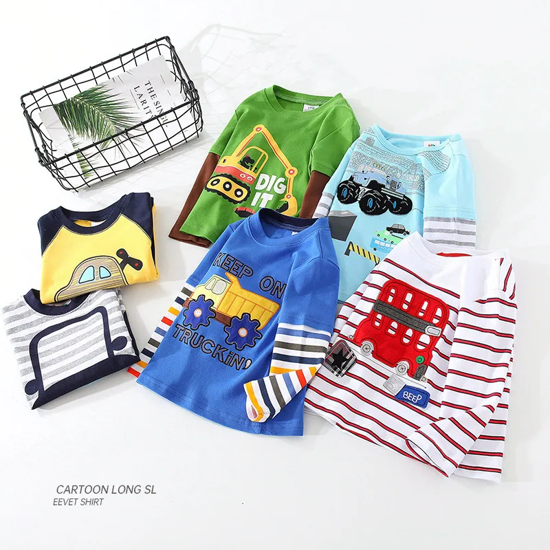 2022 Spring Autumn For 2-9 10 Years Children Cotton Striped Patchwork Cartoon Car Bus Truck Baby Kids Boys Long Sleeve T Shirts