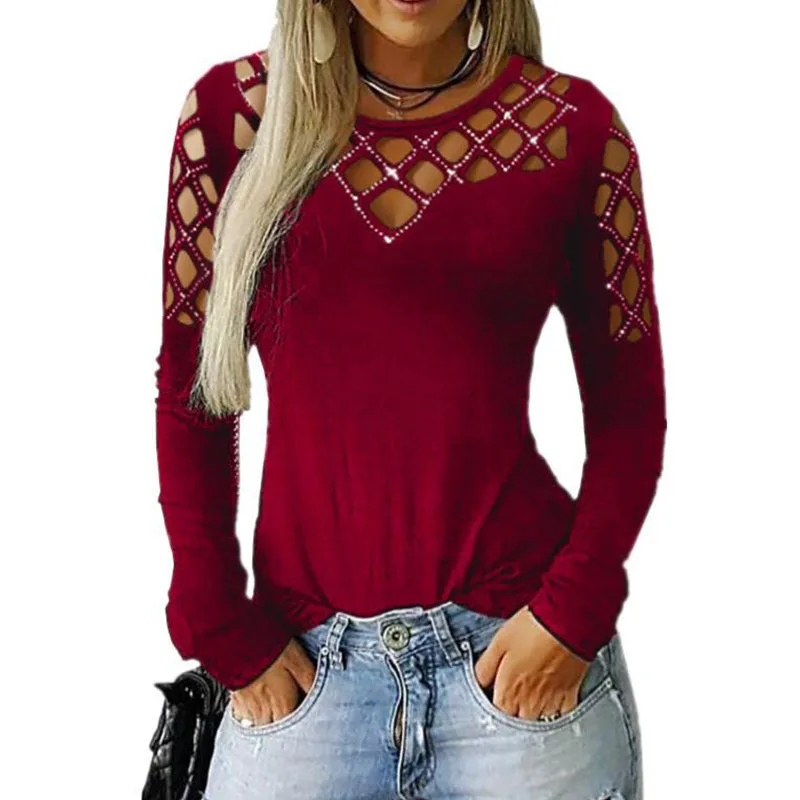 

Women Tops And Blouses Plus Size Female Clothing Fashion Casual Crew Neck Hollow-Out Studded Women Long Sleeve Shirt