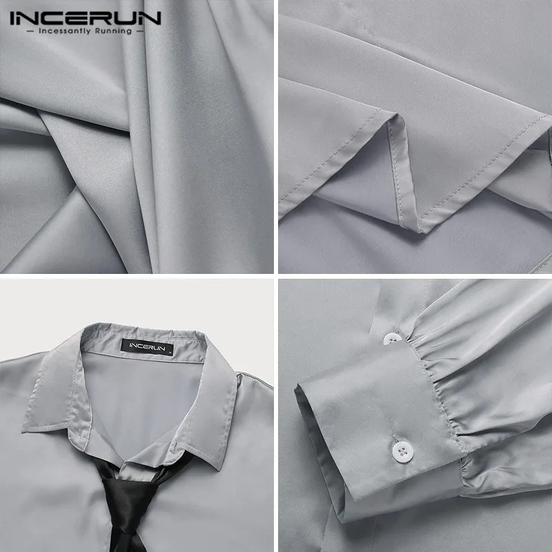

INCERUN Men Casual Shirt Streetwear Turn Down Collar Long Sleeve Button Camisa Solid Color Loose Korean Style Shirts With Tie