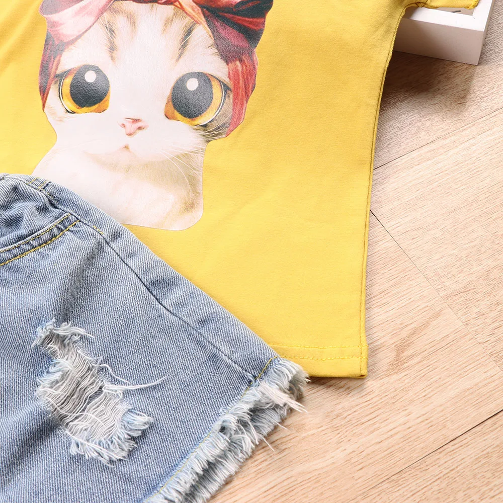 Комплект детской одежды Thunderers для девочек рубашка с рисованным котом и рваные