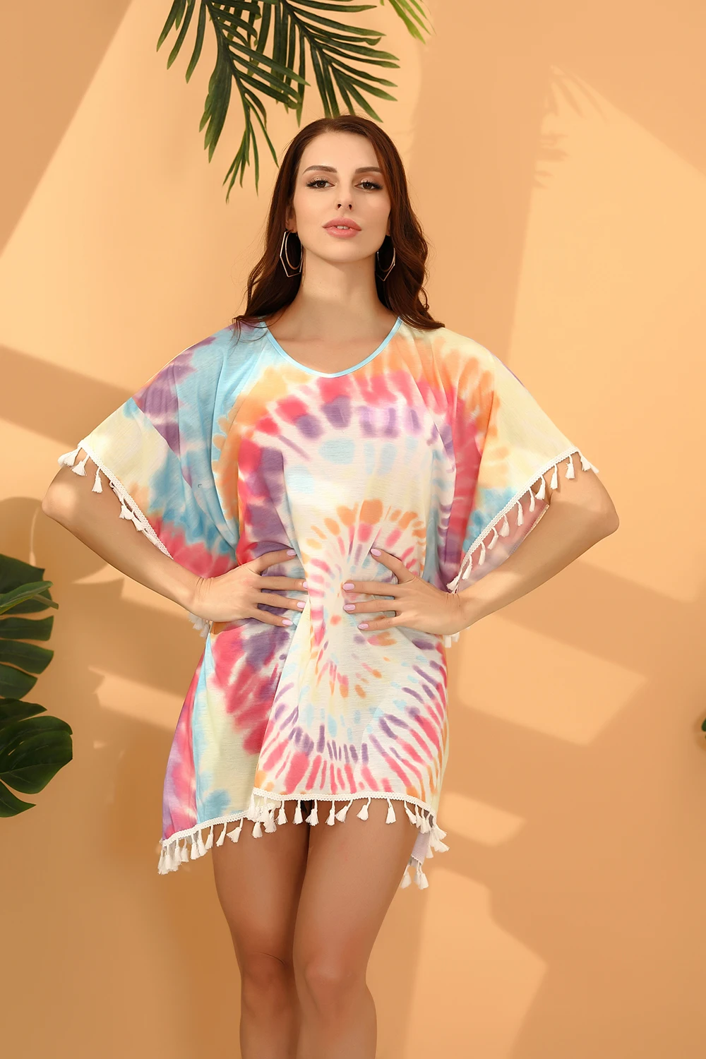 Пляжное платье Tiedye трикотажное бикини с кисточками Повседневная накидка для