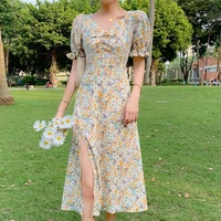 korean style chic french elegant dress women slim 2021 summer v neck casual short puff sleeve chic fairy floral one piece dress