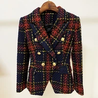 high street newest 2021 designer jacket womens lion buttons double breasted slim fitting plaid tweed blazer