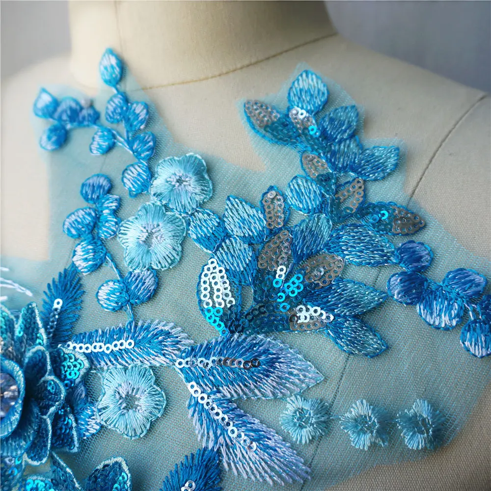 Небесно-Голубой 3D цветок кружевная ткань с серебряными блестками вышитое платье