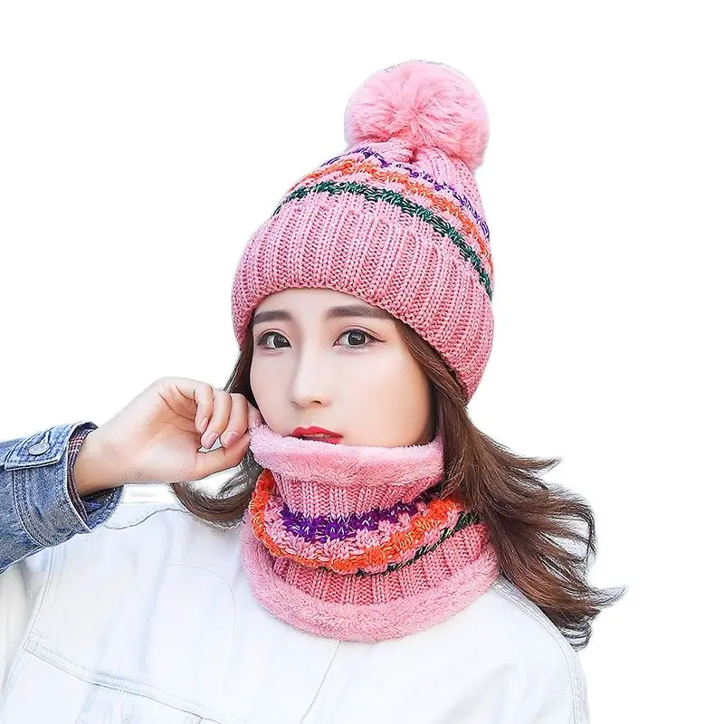 Женская вязаная шапка из двух частей шерстяная в полоску с воротником и рукавами