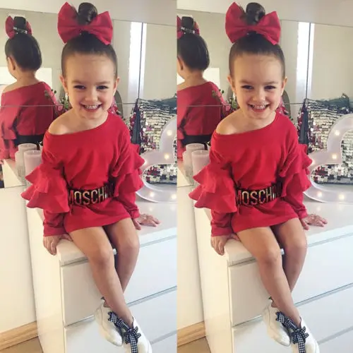 2020 Toddler Kids Baby Girls Summer Autumn Fashion Cassual Ruffle Off Shoulder Long Sleeve Red Cotton Short Dress Clothes | Детская