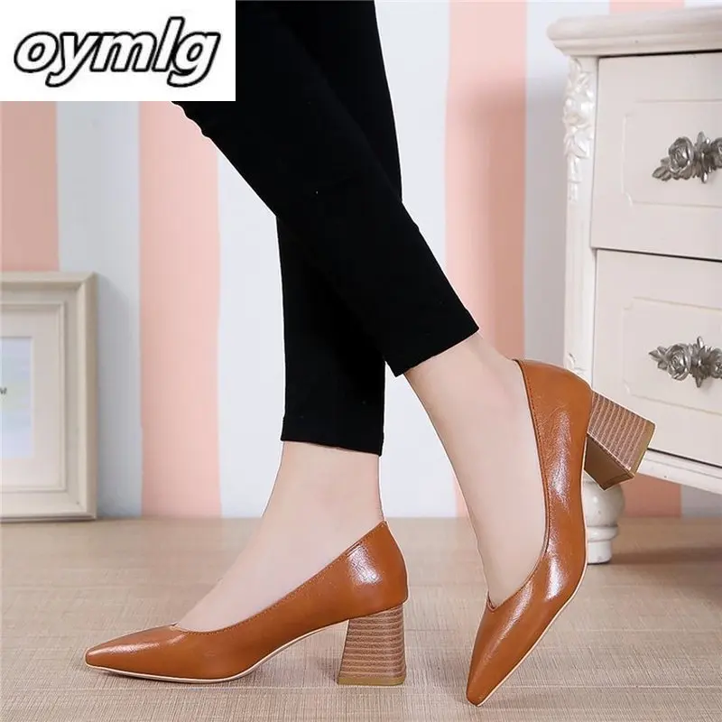 Осень весна Женские туфли лодочки на среднем квадратном каблуке Острый мысок