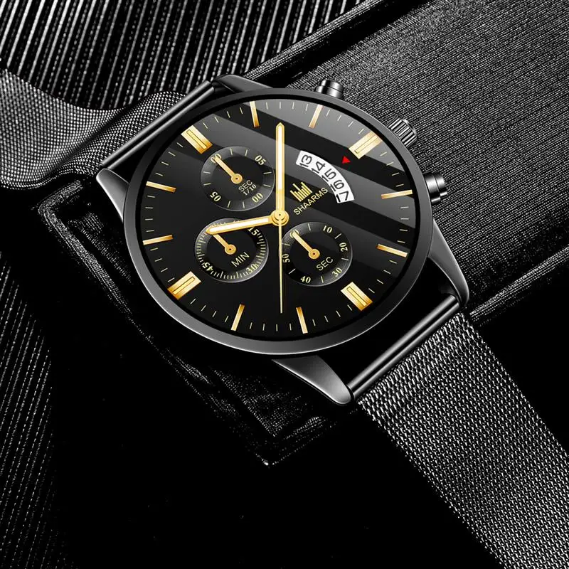 Мужские наручные часы с сетчатым ремешком из нержавеющей стали аналоговые