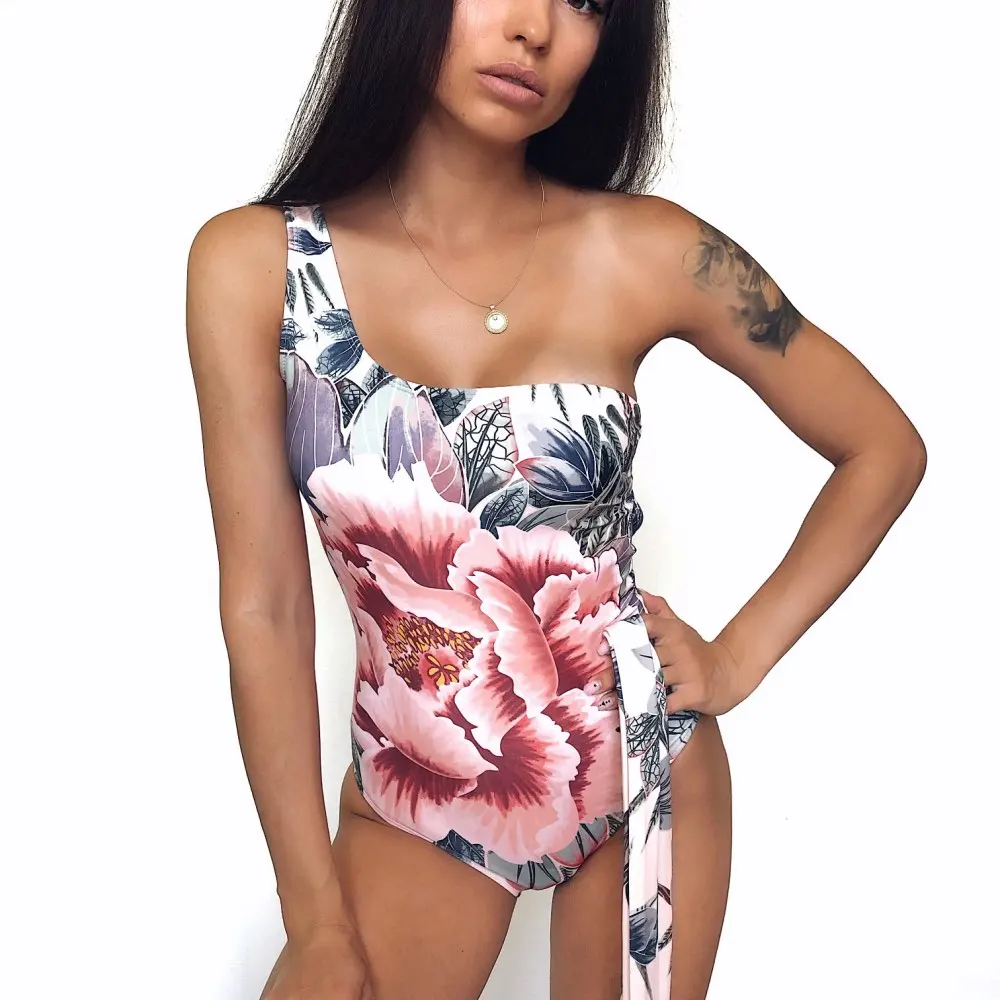 

2020 Print Floral One Piece Swimsuit Women Padded Swimwear Bandage Cut Out Mnokini Bathing Suit Plus Size Swimwear XL