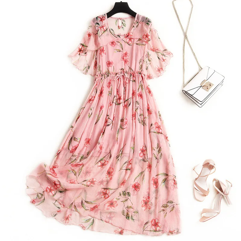 

Real Silk Dress Women Summer Dress Print Floral Dresses Long Party Dresses Elegant Office Wear Vestidos Verano